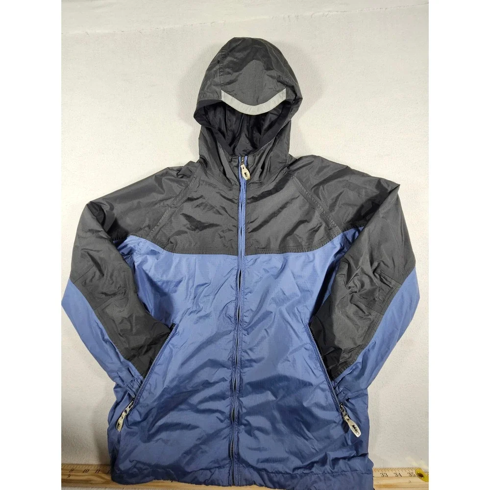REI Junior Kids Large 12/14 Hooded Windbreaker Jacket Blue Gray Ripstop Nylon